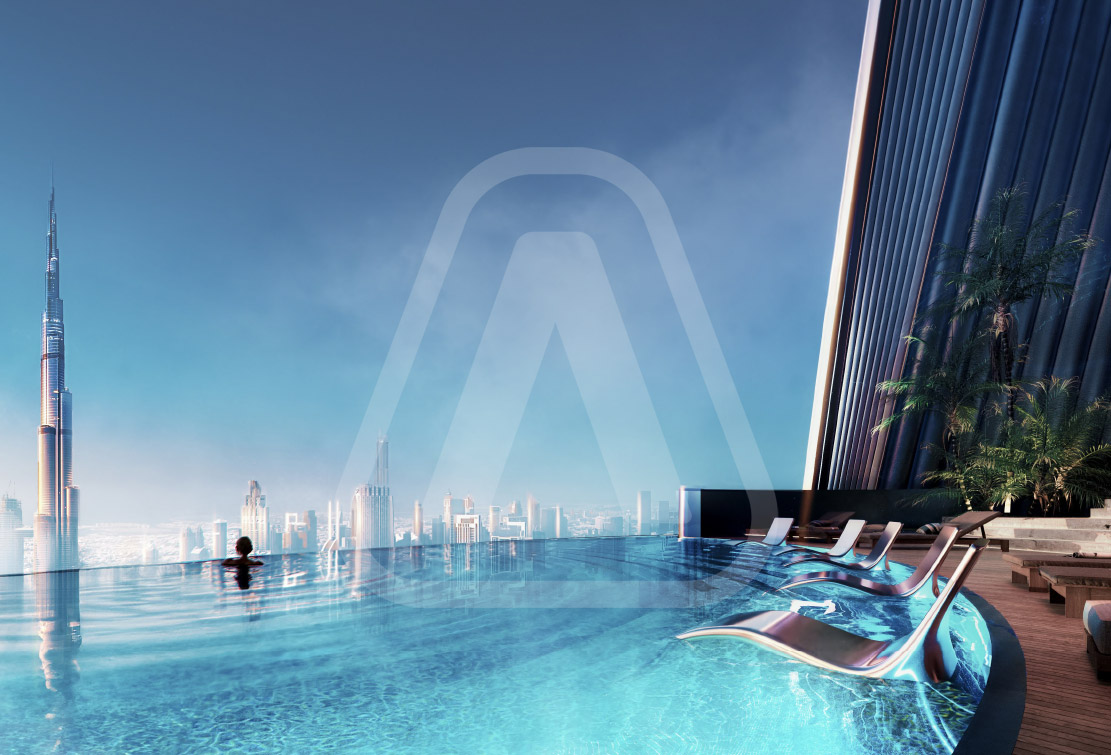Exterior view of Mercedes-Benz Places | Binghatti luxury residences in Downtown Dubai with a backdrop of the iconic Burj Khalifa.