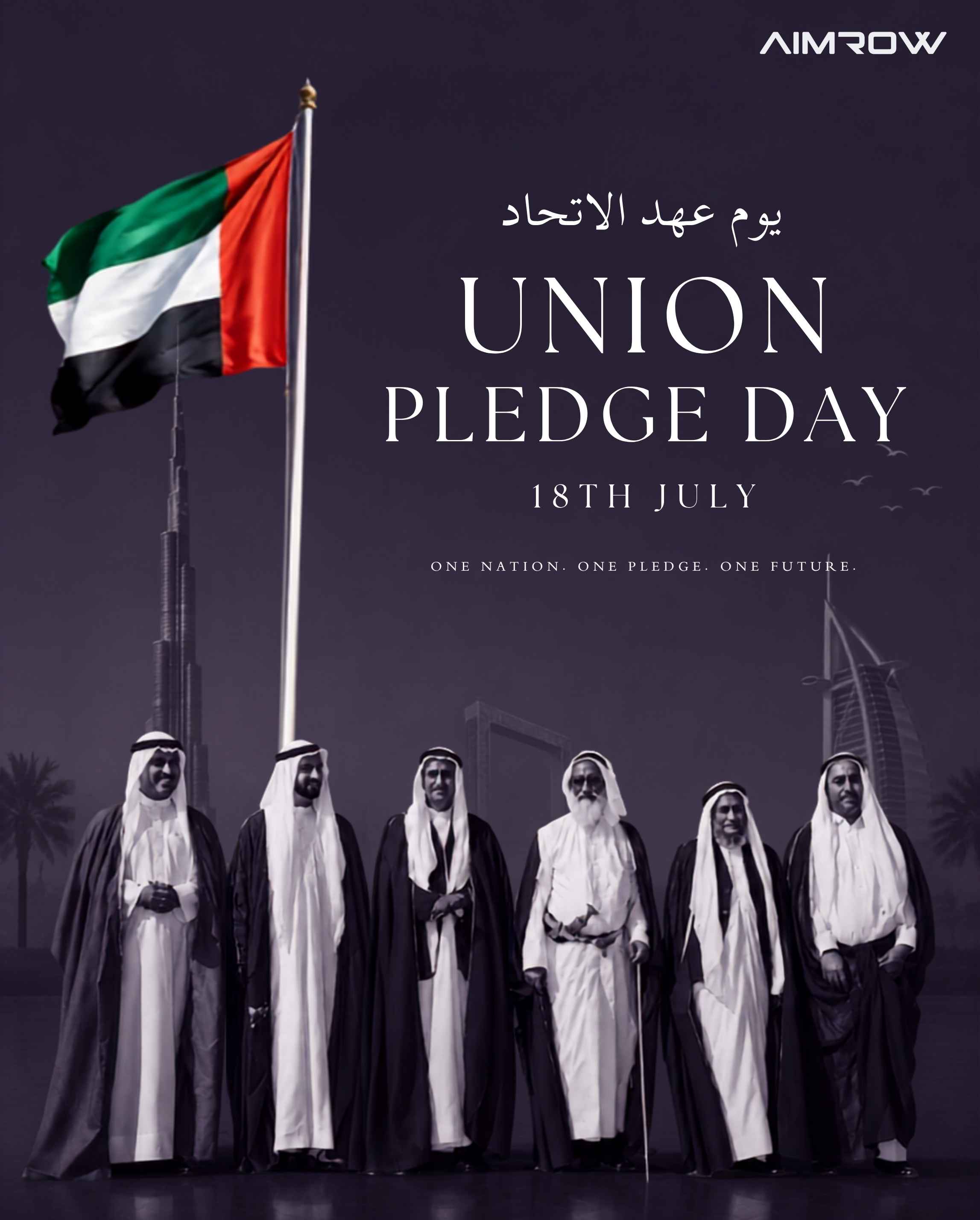 Union Pledge Day 2026 celebration poster featuring UAE flag, Founding Fathers, and Dubai skyline by Aimrow Realty